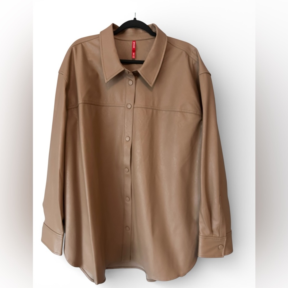 Spanx Women’s Faux Leather Camel Snap Front Shirt Size 3X